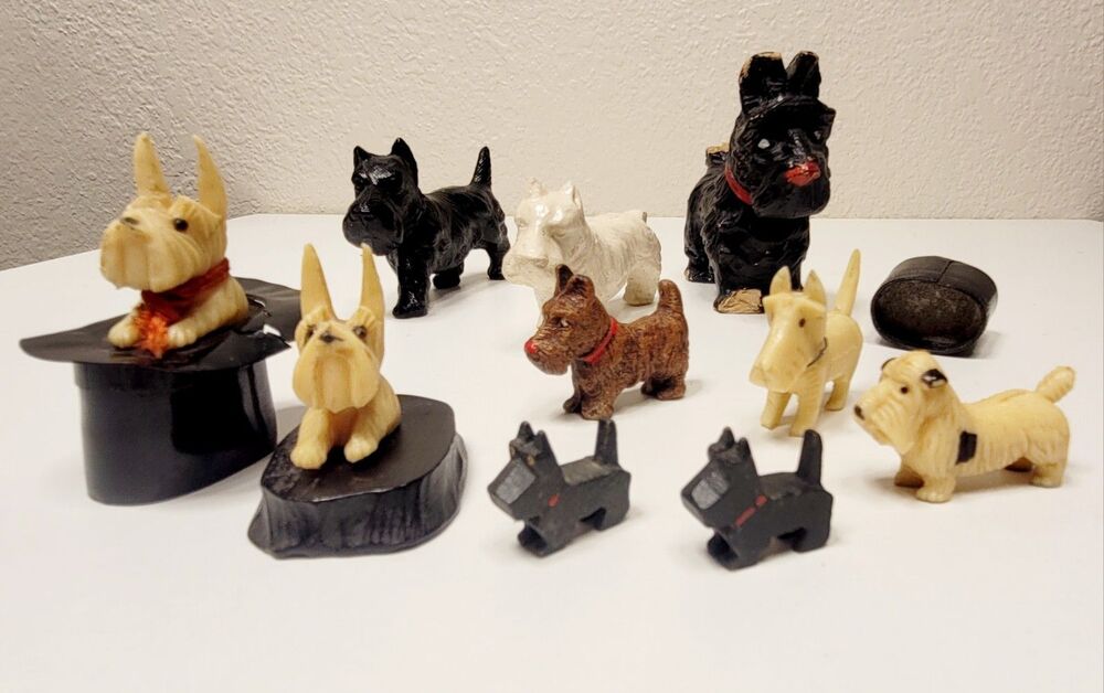 VINTAGE Scottie Dog LOT 10 Piece - Scottish Terrier - Celluloid Wood Syroco - Picture 1 of 15